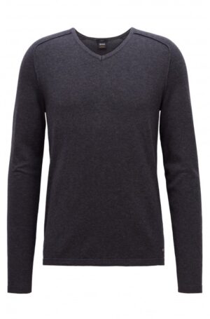 BOSS Pullover AMEROSS aus gestrickter Baumwolle mit V-Ausschnitt und Paspel-Details Farbe Dunkelgrau