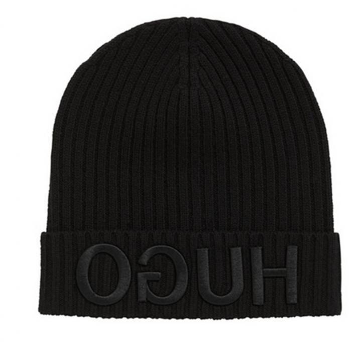 HUGO Strickmütze MEN-X 537 aus Wolle mit Logo-Stickerei Farbe schwarz 001 HUGO Strickmütze MEN-X 537 aus Wolle mit Logo-Stickerei Farbe schwarz 001