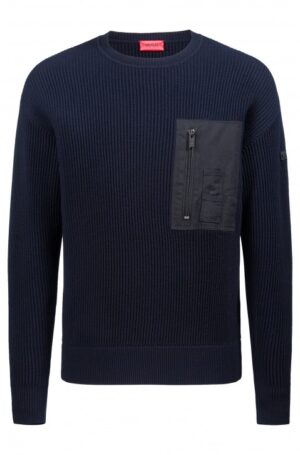 HUGO Gerippter Pullover SPATCHON im Military-Stil aus Baumwoll-Schurwoll-Mix dunkelblau S
