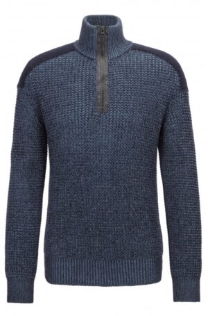 BOSS Strickpullover Kalmure mit Troyerkragen und kontrastfarbenen Schulter-Patches dunkelblau M