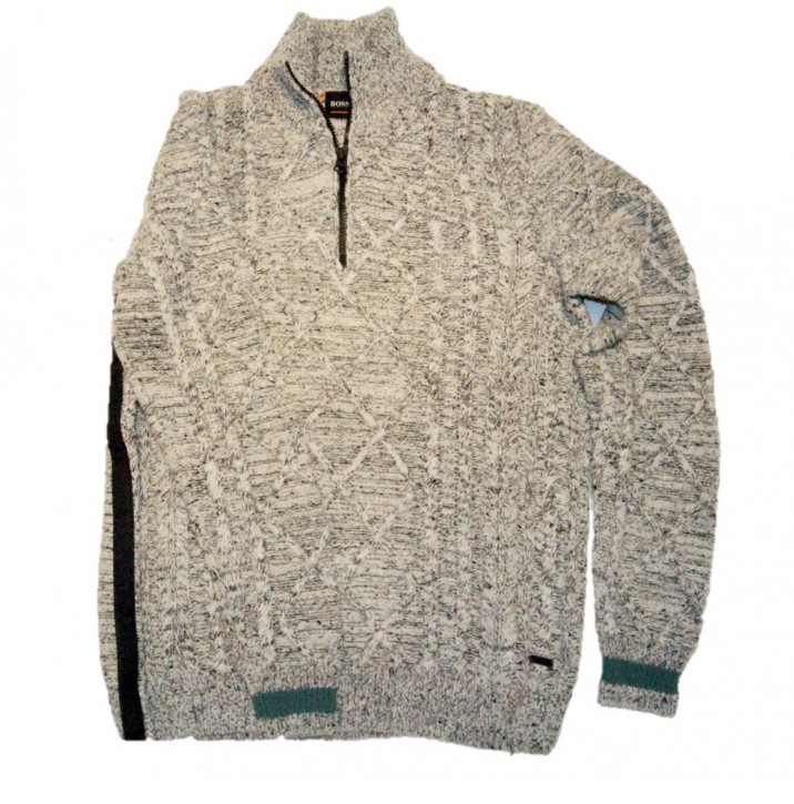 BOSS Pullover KARVINCE aus Tweed mit Zopfmuster und Reißverschluss am Kragen beige 282 BOSS Pullover KARVINCE aus Tweed mit Zopfmuster und Reißverschluss am Kragen beige 282 M