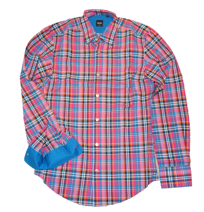 HUGO BOSS Kariertes Slim-Fit Baumwollhemd Ronny Farbe pink karo 444 HUGO BOSS Kariertes Slim-Fit Baumwollhemd Ronny Farbe pink karo 444 S