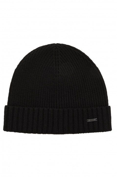 BOSS Strickmütze Fati 03 aus Schurwolle mit metallener Logo-Applikation schwarz 001 BOSS Strickmütze Fati 03 aus Schurwolle mit metallener Logo-Applikation schwarz 001
