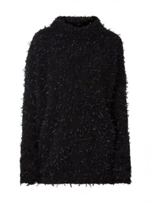 BOSS Regular fit Longpullover IHELENA in Boucléoptik mit Fransen schwarz 001 S/M