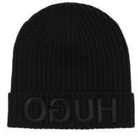 HUGO Strickmütze UNISEX-X565 aus Wolle mit Logo-Stickerei Farbe schwarz 001 HUGO Strickmütze UNISEX-X565 aus Wolle mit Logo-Stickerei Farbe schwarz 001
