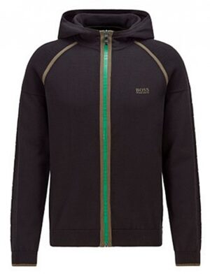 Hugo Boss Kapuzen-Strickjacke Mogeo aus Baumwoll-Mix mit Logo-Print am Reißverschluss schwarz 001