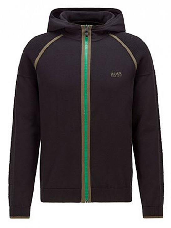 Hugo Boss Kapuzen-Strickjacke Mogeo aus Baumwoll-Mix mit Logo-Print am Reißverschluss schwarz 001 Hugo Boss Kapuzen-Strickjacke Mogeo aus Baumwoll-Mix mit Logo-Print am Reißverschluss schwarz 001