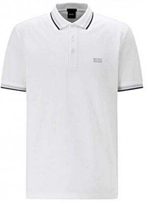 HUGO BOSS Poloshirt Paddy aus Baumwoll-Piqué mit Streifen an Kragen und Ärmelbündchen Weiß 100