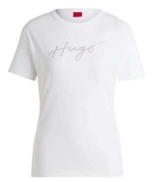 Hugo T-Shirt Damacia_3 aus reiner Baumwolle mit Rundhalsausschnitt und saisonalem Print weiß 100